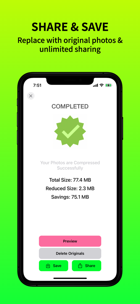 Photo Compress - Foto komprimieren Abschlussbildschirm, der erhebliche Speicherplatzeinsparungen und Optionen zum Speichern oder Teilen anzeigt