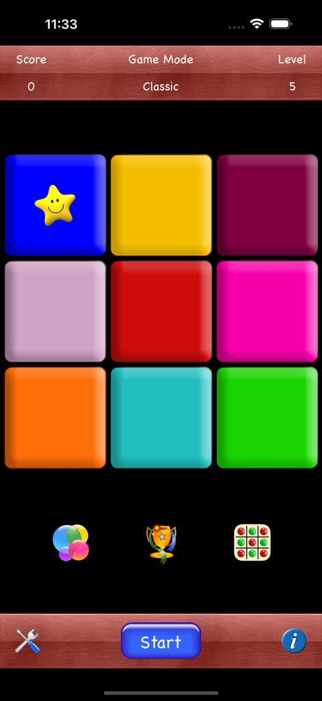 Memory Game Retro Puzzle - Gameplay screen of Memory Game Retro Puzzle showing a three by three grid of colorful buttons in classic mode