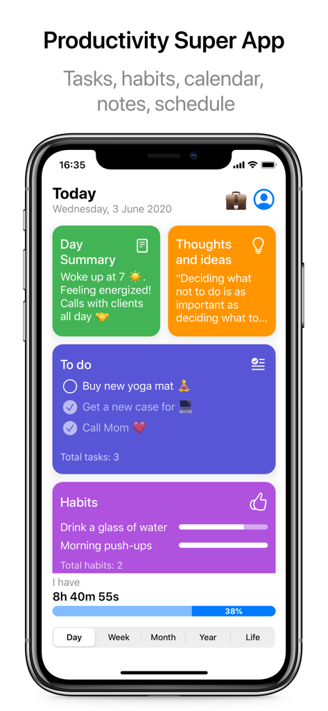 Daily Planner - Schedule App - The Daily Planner app interface showing a dashboard with day summary, tasks, habits, and a countdown timer.