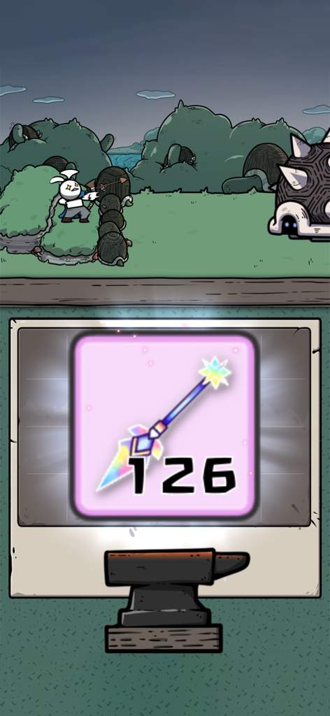 A rabbit hero attacking a boss above a level 126 rainbow arrow on a blacksmith anvil