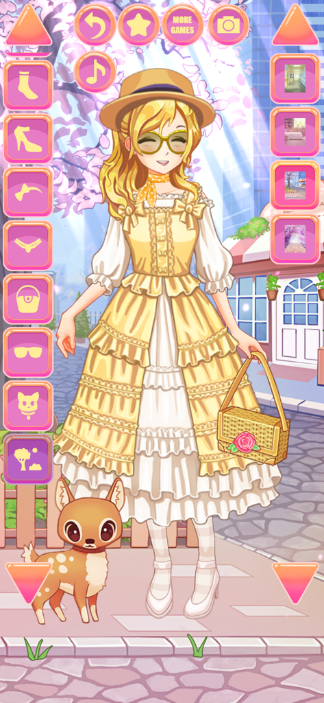 An anime girl in a yellow ruffled dress and sun hat with a small deer companion in a cherry blossom street setting