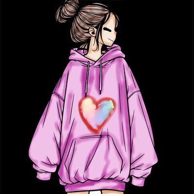 realistic girl with a oversized sweatshirt on and a bun