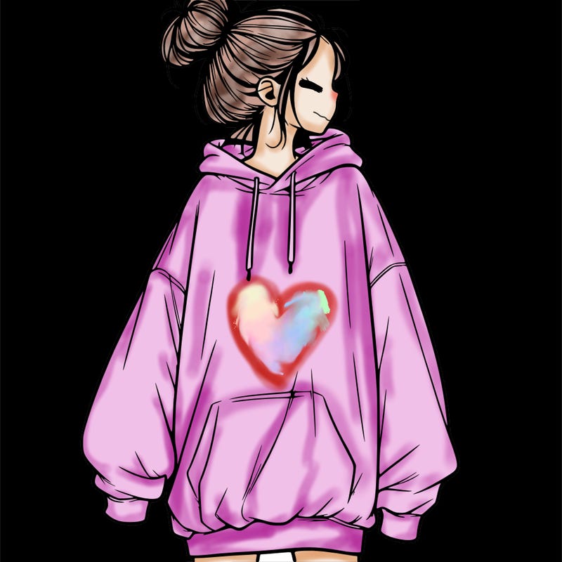 realistic girl with a oversized sweatshirt on and a bun
