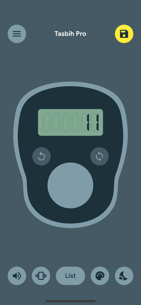 Digital prayer counter interface of the Tasbih Counter Pro app showing a count of 11
