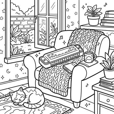 Unwind with this delightful coloring page featuring a harmonica in a tranquil, cozy setting. Perfect for embracing relaxing weekend vibes, this illustration invites you to add your personal touch to every comforting detail.