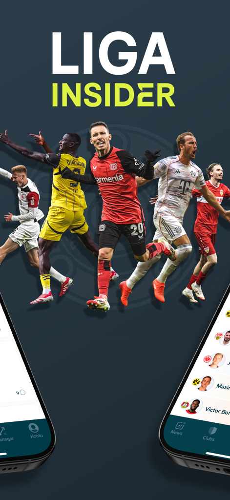 LigaInsider Plus - LigaInsider Plus app splash screen featuring Bundesliga soccer players and mobile interface for fantasy managers