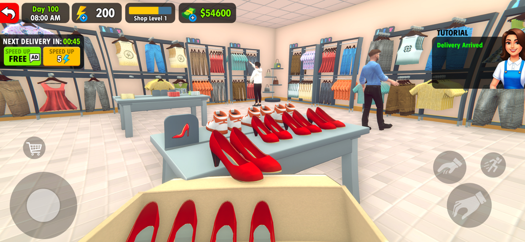 Gameplay of a clothing shop simulator showing a boutique with racks of clothes and red high heels on a display table.