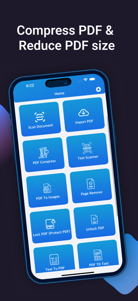 PDF Compressor: Scan & Edit - Schermata principale dell'app Compressore PDF su un iPhone che mostra funzionalità come la scansione di documenti e la compressione di PDF