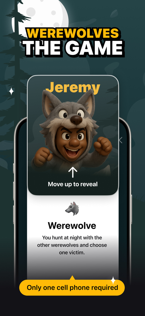 A mobile screen showing the werewolf character card in the Imposter Game Splash app with a cartoon boy in a wolf costume