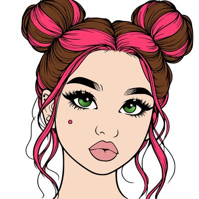 realistic girl with two buns on her hair and lips