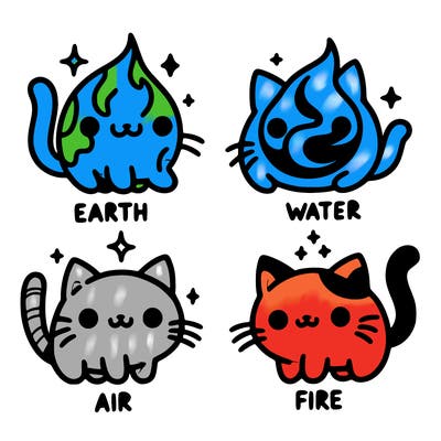 4 cats that represent the different elements, earth, water, air, and fire