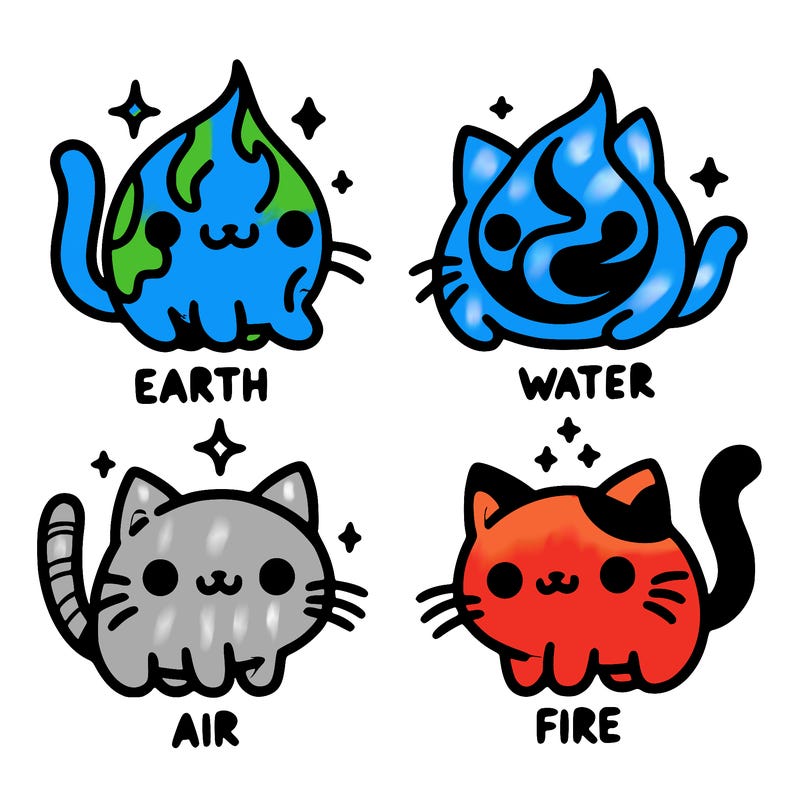 4 cats that represent the different elements, earth, water, air, and fire