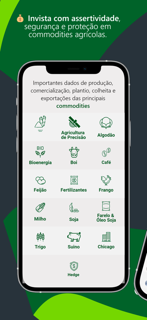 Plataforma Safras - Interfaz de la aplicación Plataforma Safras que muestra una cuadrícula de iconos para varias materias primas agrícolas como soja, maíz y ganado