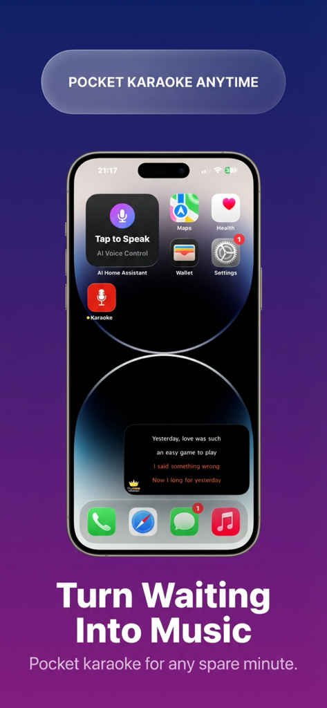 Karaoke for Youtube® - iPhone screen showing the Karaoke for Youtube app with real-time lyrics overlay and the text Turn Waiting Into Music