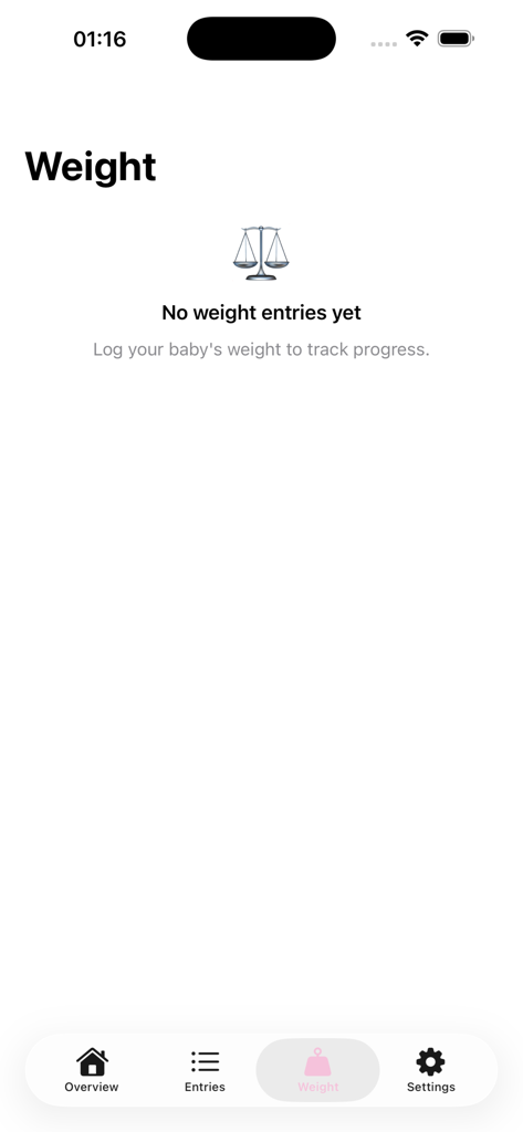 Baby Tracker - Feeding Log - Empty weight tracking interface in the Baby Tracker app with a scale icon and navigation menu.