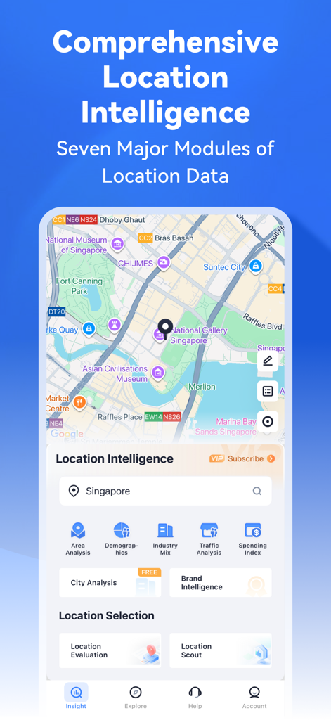 Interface of ShopSager app showing seven location intelligence modules including demographics and traffic analysis with a map view.