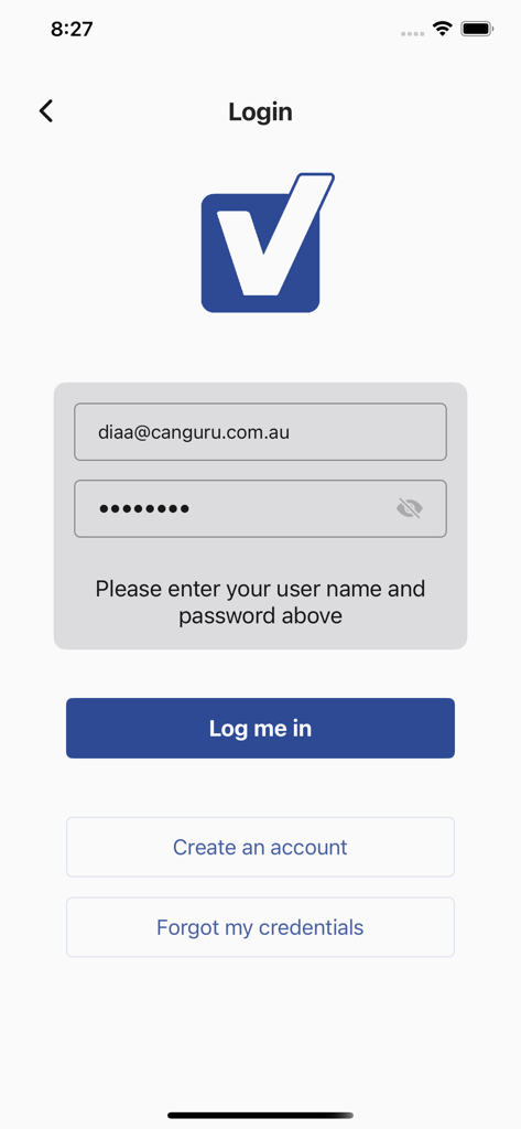 VSpaceParkers - Écran de connexion de l'application VSpaceParkers avec des champs pour le nom d'utilisateur et le mot de passe, et un bouton de connexion bleu