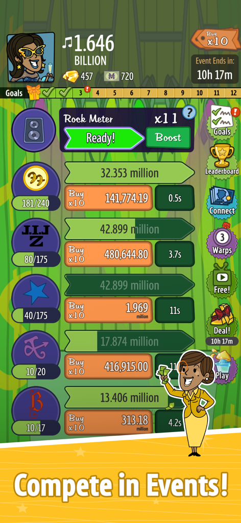 Gameplay screenshot of AdVenture Capitalist showing the limited time event interface with business investments and profit meters