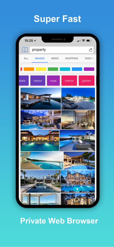 Snowbunny Private Web Browser interface displaying fast image search results on a smartphone