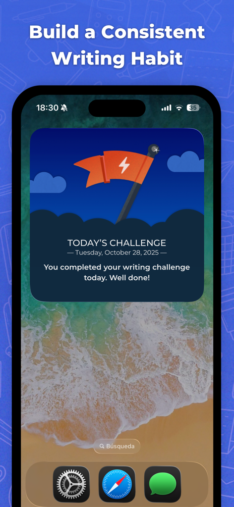 Writing Challenge - Widget Sfida di Scrittura Giornaliera su una schermata Home di smartphone che mostra un obiettivo completato.