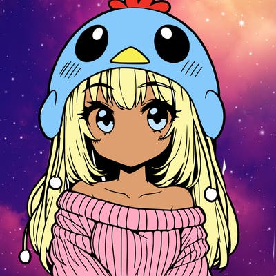 anime girl with chick shaped hat with sweater with bare shoulders with bangs covering them one eye with low tail