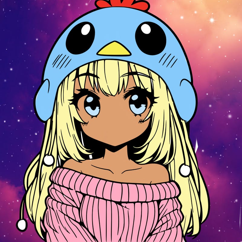 anime girl with chick shaped hat with sweater with bare shoulders with bangs covering them one eye with low tail