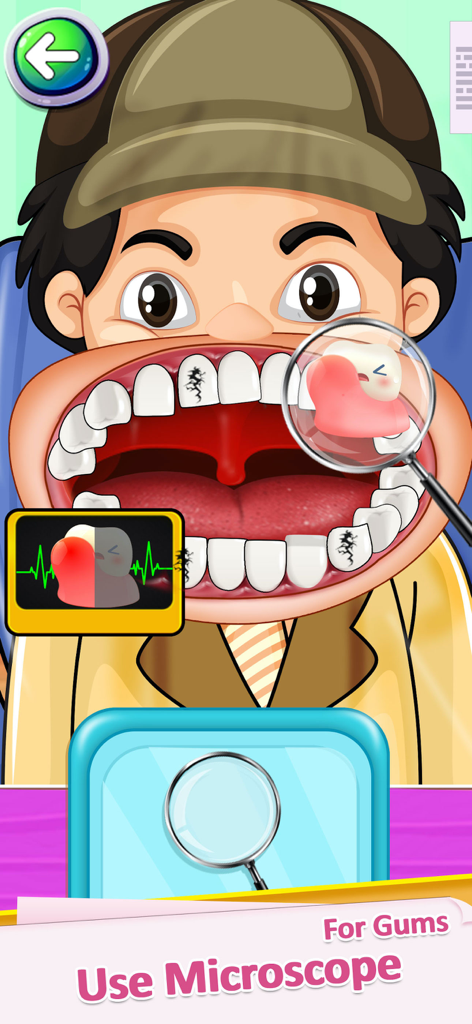 A dentist game screen showing a microscope tool being used to examine swollen gums on a patient