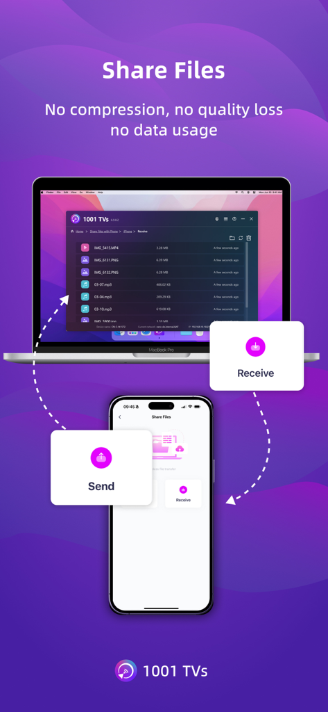 A smartphone and laptop demonstrating wireless file transfer with the 1001 TVs app showing no quality loss and no data usage.