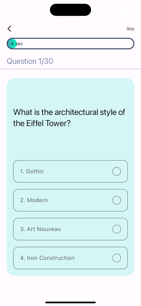 Screenshot einer interaktiven Architektur-Quizfrage über den Stil des Eiffelturms.