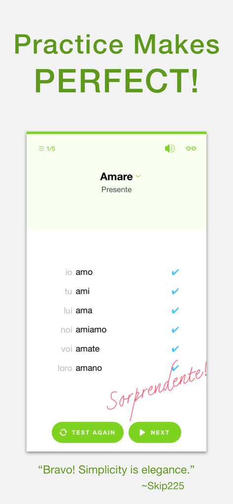 Conjuu - Italian Conjugation - Italian conjugation practice screen showing the verb Amare correctly conjugated in the present tense with checkmarks and a Sorprendente stamp.