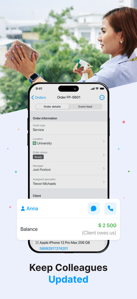 Orderry - Orderry app interface displaying service order details and client contact options to keep teams synchronized
