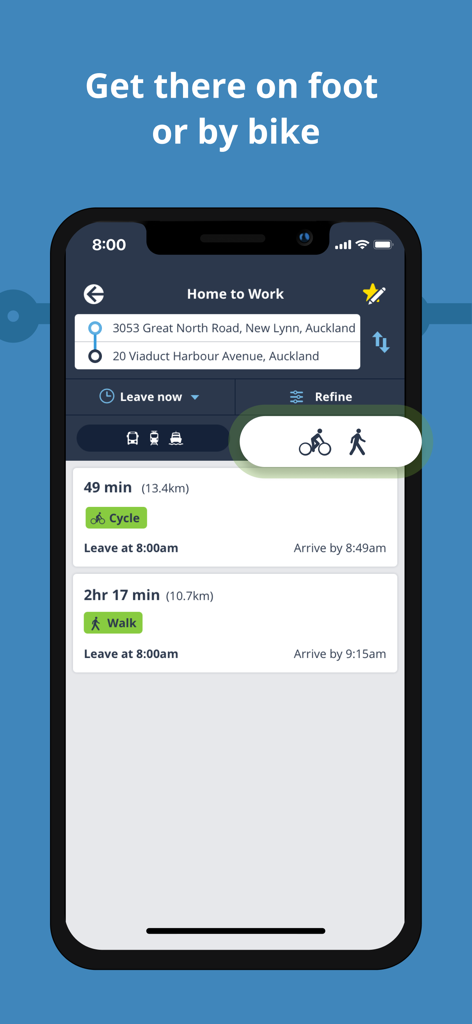 AT Mobile - Écran de l'application AT Mobile montrant les options de trajet à pied et à vélo pour un itinéraire à Auckland