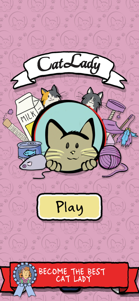 Cat Lady - The Card Game - Cat Ladyカードゲームモバイルアプリのスタート画面。可愛い猫のイラストとプレイボタンが特徴。