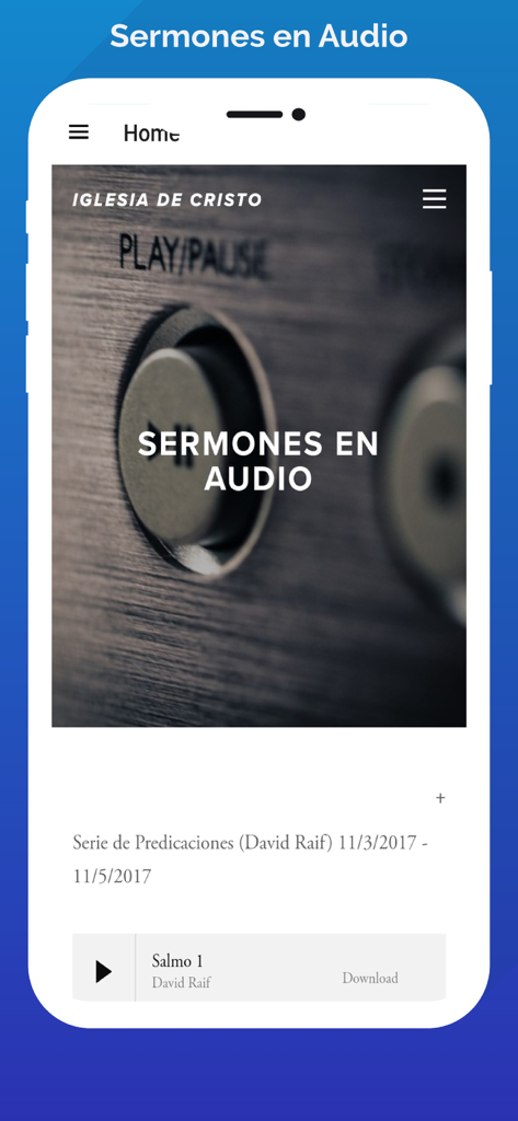 Interfaz de la aplicación Himnario Cantos Espirituales que muestra una lista de sermones en audio en español