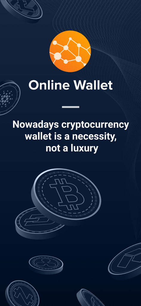 Online Wallet - オンラインウォレットアプリの紹介画面、仮想通貨のスローガンと浮遊するコインが表示されています。