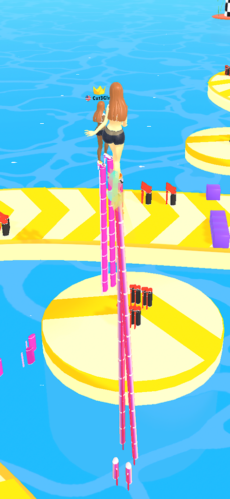 High heels - Running girl game - A character in the High Heels game balancing on very long pink heels over a water runway