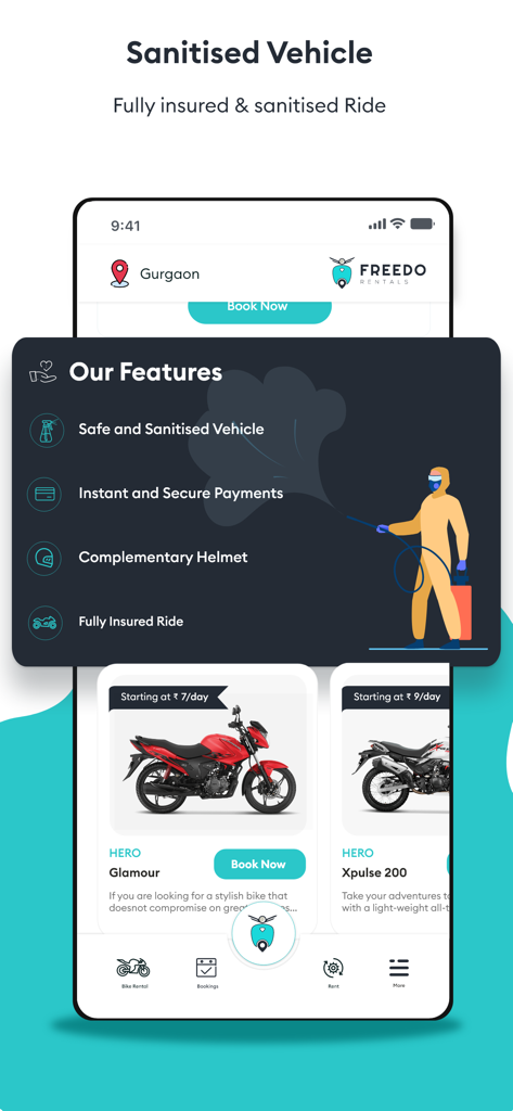 Freedo Rentals - Freedo Rentals mobile app interface showing sanitized vehicle features and motorcycle rental listings
