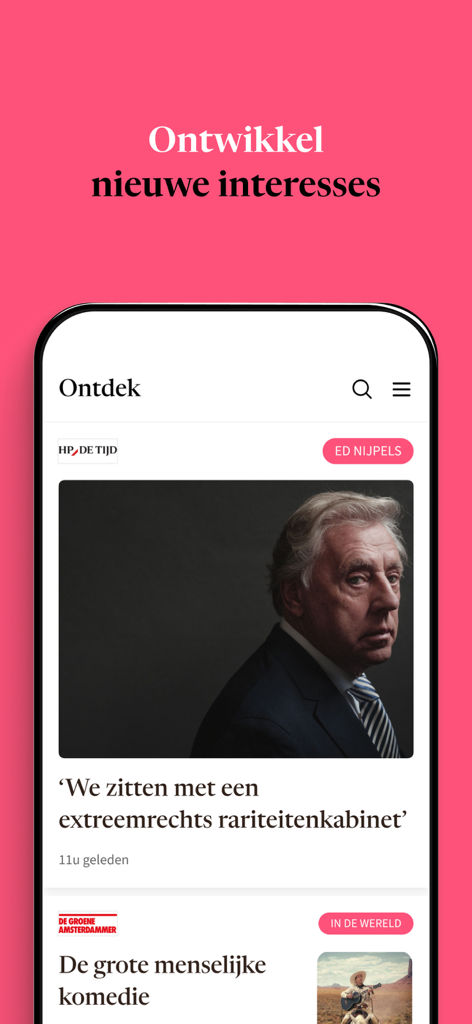 Smartphone screen displaying the Blendle app discovery page with curated news articles.