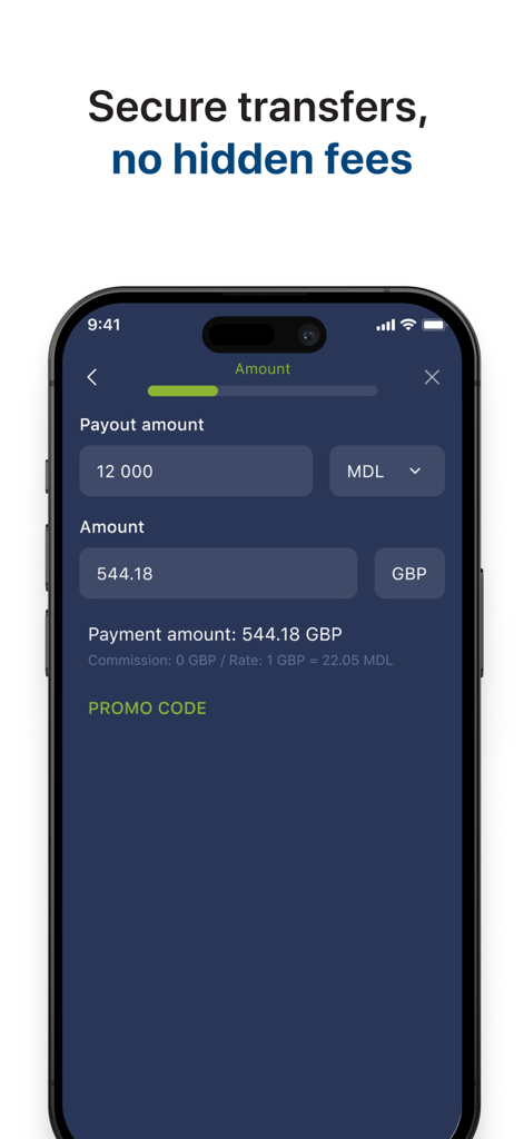 MoneyTO Money Transfer - MoneyTO app interface displaying a secure money transfer with zero commission and no hidden fees