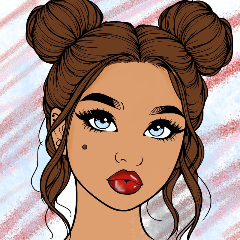 realistic girl with two buns on her hair and lips