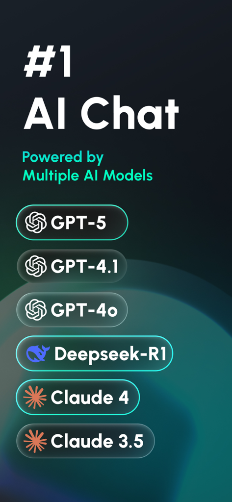 YouCam AI Chat: Pro Chatbot - YouCam AI Chatのインターフェースに、GPT-5、Claude 4、Deepseek-R1などのサポートされているモデルが表示されています