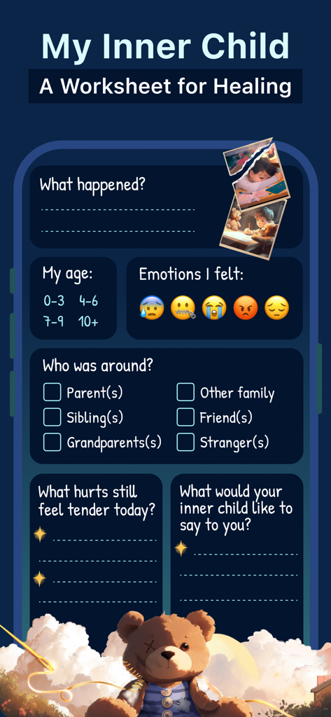 Lumiere: Anxiety & Stress Aid - Lumiere app interface featuring a My Inner Child worksheet for emotional healing and self-reflection