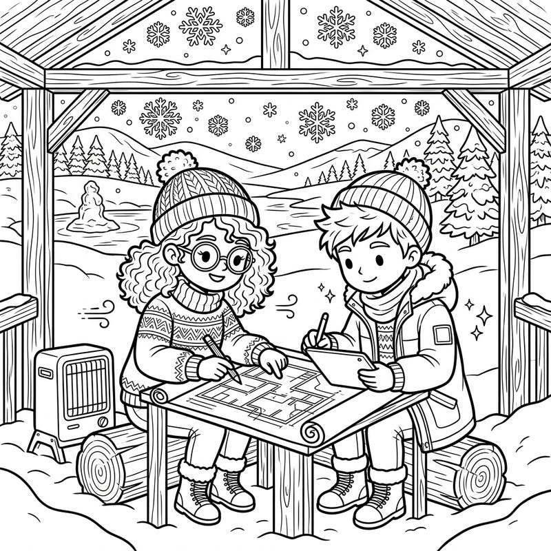 Dive into a heartwarming winter scene with our 'Creative Partners' coloring page, where two friends bring their ideas to life amidst a snowy wonderland. This delightful illustration captures the spirit of teamwork and cozy winter days, perfect for sparking imagination.