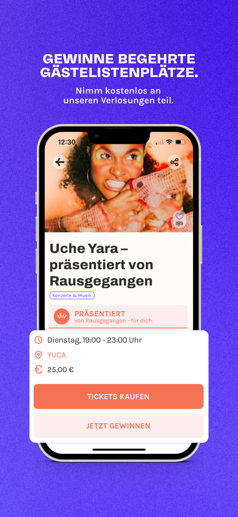 Rausgegangen app screen showing event details with options to buy tickets and enter a guest list raffle