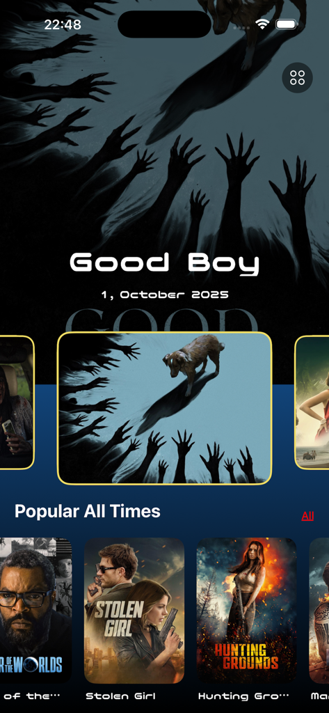 Magis TV & Movie Vault - The home screen of the Magis TV and Movie Vault app displaying featured movie trailers and a popular all times category with various film posters.