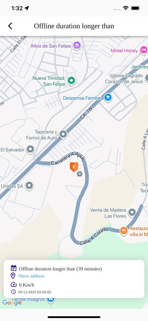 POLARIS GPS - Kartenoberfläche von POLARIS GPS, die den Offline-Status und die Dauer von Fahrzeugen anzeigt