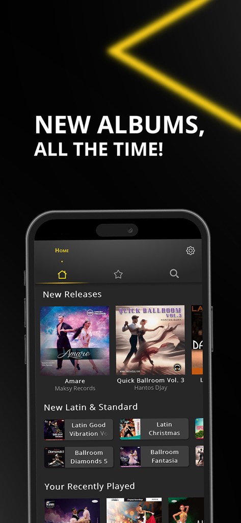 DanStream app interface showing new ballroom dance music albums and releases