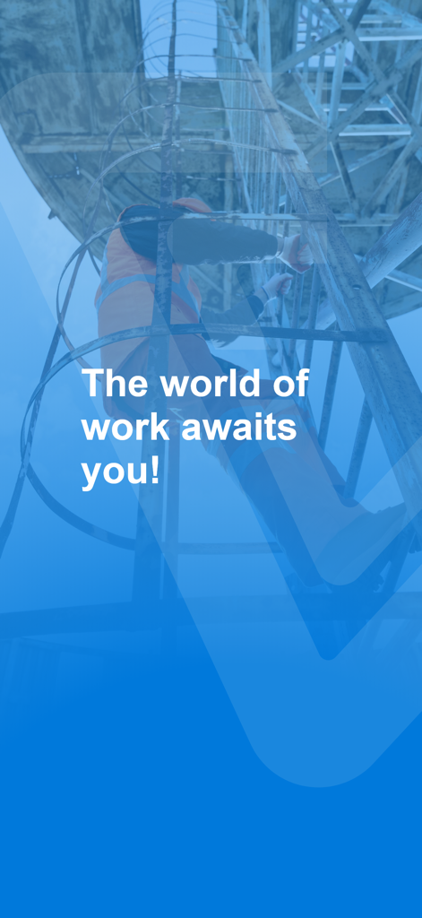 Un trabajador profesional con chaleco de seguridad escalando una escalera metálica con el texto el mundo del trabajo te espera