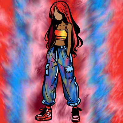 girl in baggy pants crop top and long hair