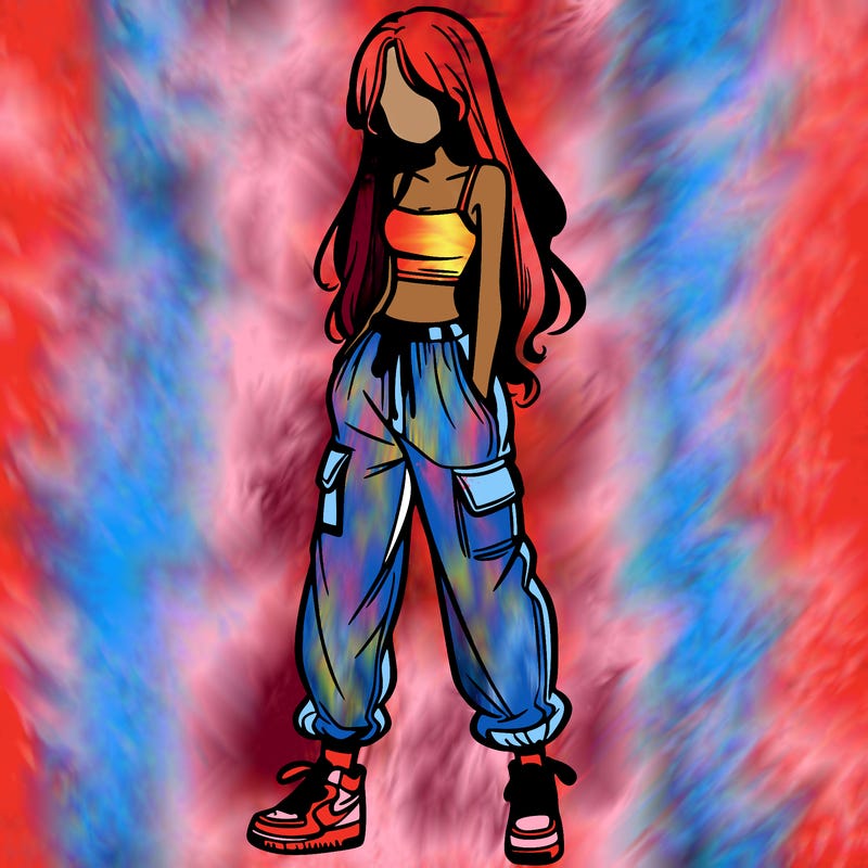 girl in baggy pants crop top and long hair